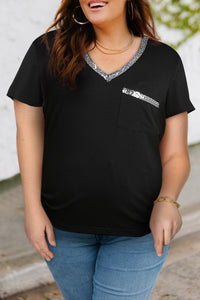 Smile and Say, Sequins! Plus Size Contrast Sequin V-Neck Tee Shirt