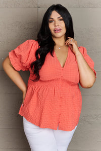 Sweet Serenity V-Neck Puff Sleeve Button Down Top in Coral