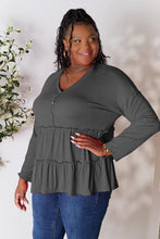 Load image into Gallery viewer, Playful Beauty Half Button Long Sleeve Ruffle Hem Top (multiple color options)
