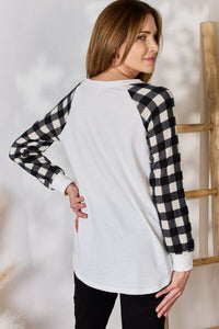 Check Her Out Plaid Raglan Sleeve Round Neck Top