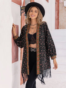 Wanderlust Whimsy Printed Fringe Detail Cardigan