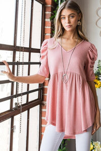 Easy To Love Waffle Knit V-Neck Babydoll Top