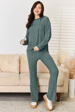 Load image into Gallery viewer, Lounge Life Ribbed Drawstring Hood Top and Straight Pants Set  (multiple color options)
