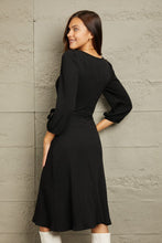 Load image into Gallery viewer, Autumn Aura Surplice Flare Ruching Dress in Black
