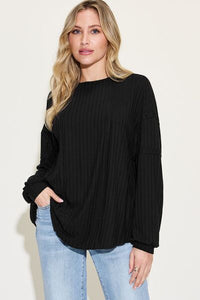 Dream With Ease Ribbed Round Neck Long Sleeve T-Shirt (multiple color options)