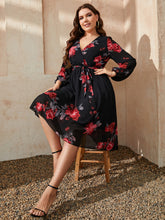 Load image into Gallery viewer, Midnight Blooms Floral Surplice Neck Tie Waist Dress
