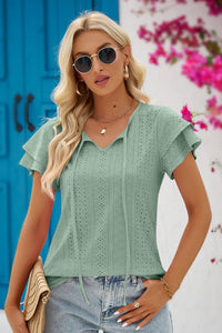 The Simple Touches Eyelet Tie-Neck Flutter Sleeve Blouse (multiple color options)