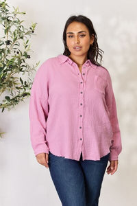 Off the Edge Texture Button Up Raw Hem Long Sleeve Shirt in Mauve