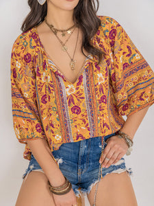 Wildflower Whimsy Printed Tie Neck Blouse