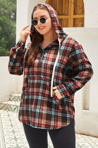 Adorable in Plaid Drawstring Plaid Quarter Button Hoodie