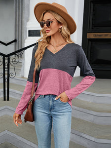 Easy Street V-Neck Long Sleeve Two-Tone Top