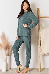 Lounge Life Ribbed Round Neck High-Low Slit Top and Pants Set  (multiple color options)