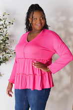 Load image into Gallery viewer, Playful Beauty Half Button Long Sleeve Ruffle Hem Top (multiple color options)
