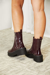 Stepping Up Side Zip Platform Boots in Wine Patent Leather