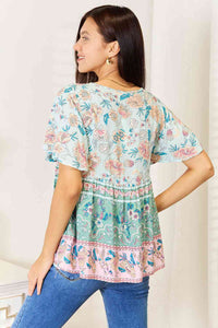 Boho Bliss Floral Tie Neck Short Sleeve Blouse