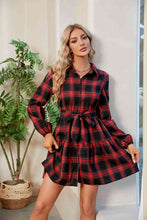 Load image into Gallery viewer, Gingerbread Glamour  Plaid Print Tie Waist Collared Neck Shirt Dress
