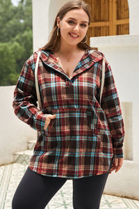 Adorable in Plaid Drawstring Plaid Quarter Button Hoodie