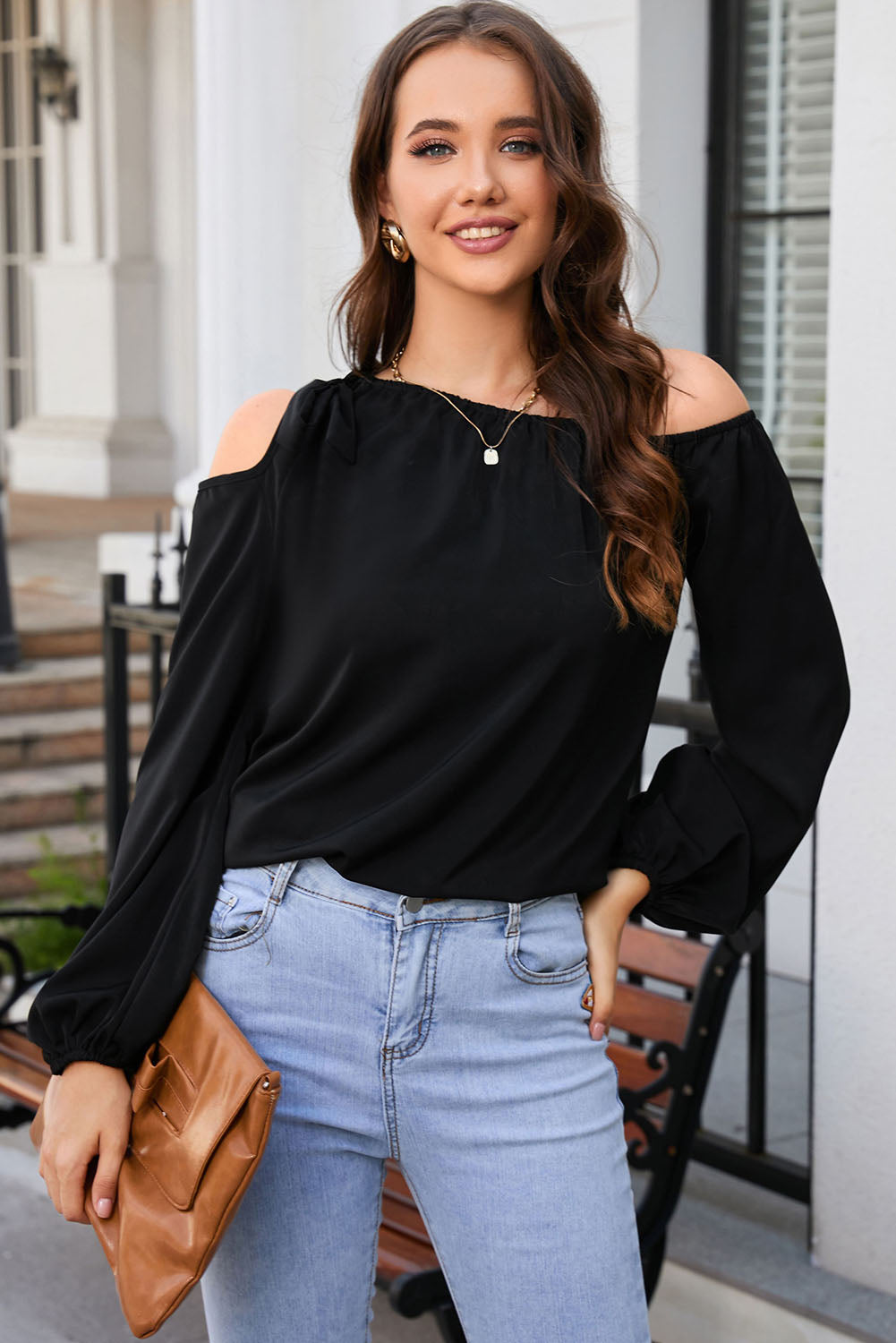 Catch a Chill Tied Asymmetrical Neck Cold-Shoulder Blouse
