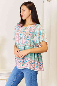 Boho Bliss Floral Tie Neck Short Sleeve Blouse